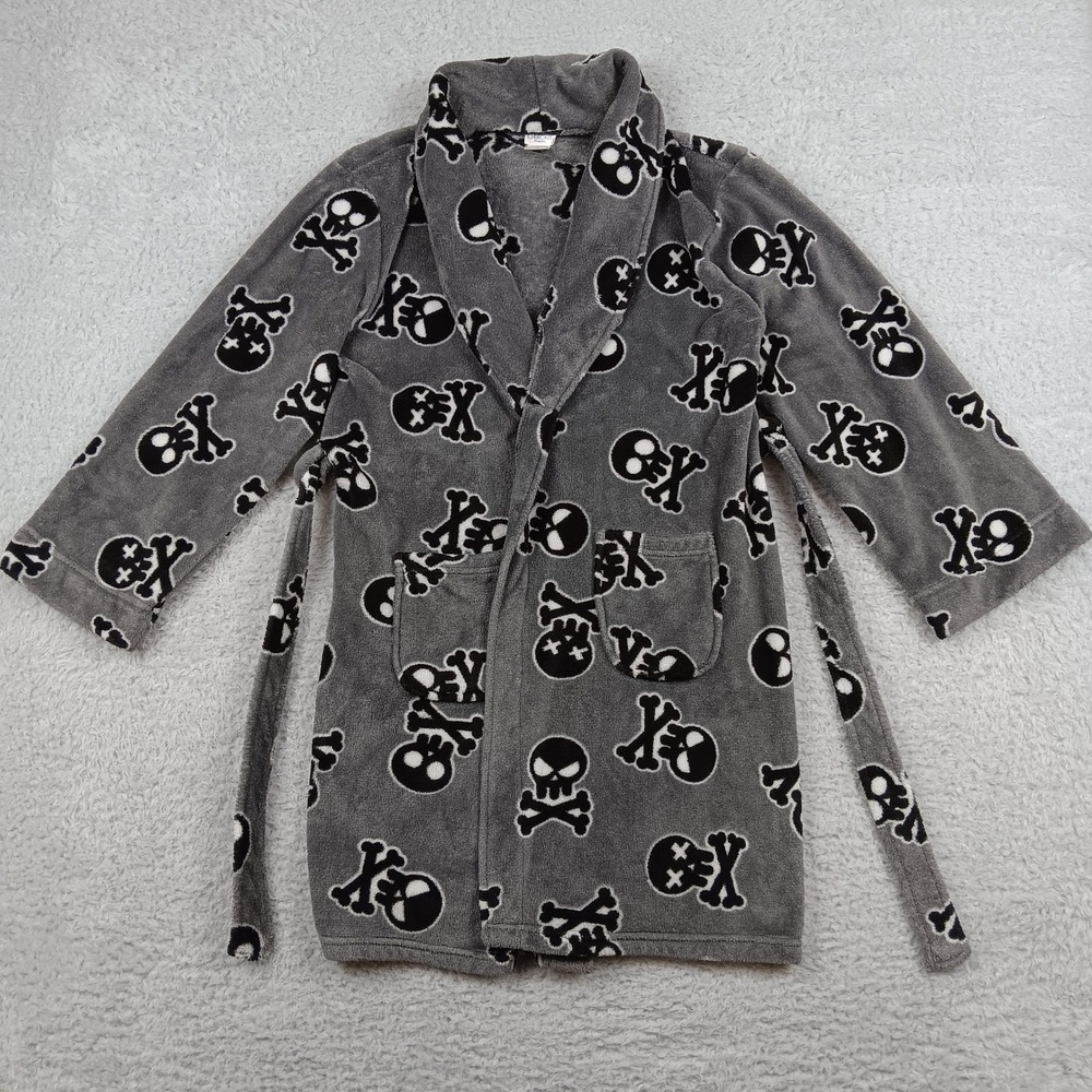 Cherokee Robe Boys L Grey Skull Crossbones Fleece Pockets Belted